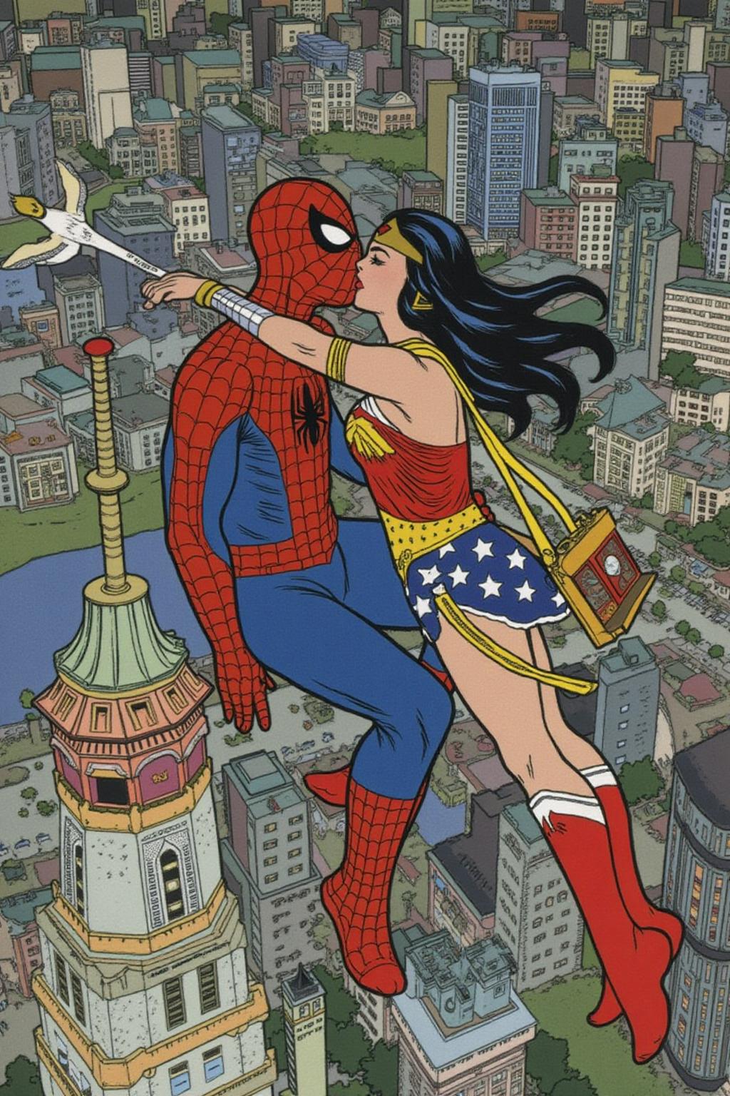 ivanbilibin1 illustration. 
Spider-man and Wonder Woman, kissing, floating above Shanghai  <lora:ivanbilibin1_cap_d6a3:1.0><lora:835906713187078450:0>