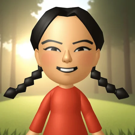 score_9, score_8, BREAK, solo, wii, mii, wii sports, 1girl, female mii, black eyes, black hair, twin braids, black eyebrows, blush, buck tooth, red clothing, black pants, shoes, nintendo mii, modern_mii, classic_mii, breasts, xiao-tong_(wii_sports), cute, sexy pose, smile, outdoors, sunlight, shadows, evening lighting, natural lighting, forest, trees, grass, orange sky, sunset