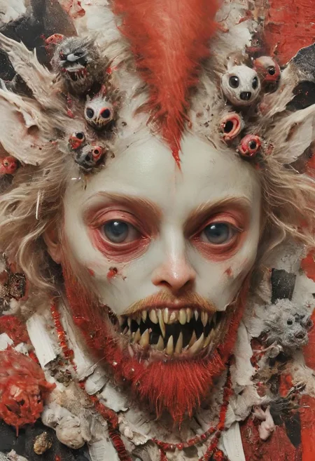 Super Closeup, district 9 cover art style, Surreal Collage, closeup of thic red blonde beard with wooly fuzzy little critters inside, very detailed, HD,