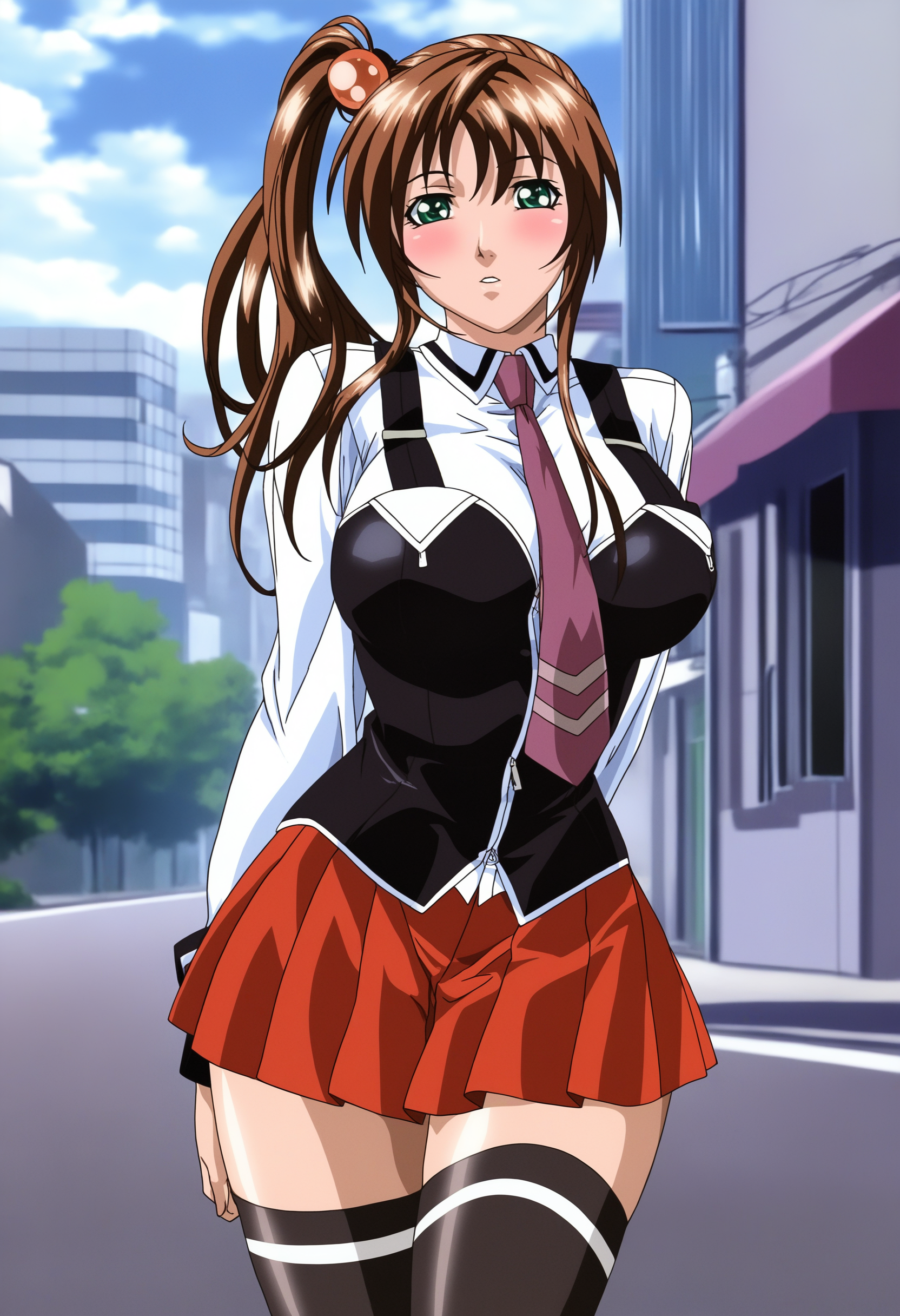 masterpiece, good quality, best quality, highres, absurdres, very awa, bloom, shadow,
1girl, imari kurumi, cowboy shot,
standing,
solo,
looking at viewer, parted lips, blush,
brown hair, long hair, green eyes, hair bobbles, high side  ponytail,
curvy, large breasts, shiny skin,
white shirt, vest, suspenders, red skirt, pleated skirt, black thighhighs, white trim,
outdoors, street, building, road, city, day,
 <lora:Imari Kurumi 3216 NoobAIXL Vpred fix:1>