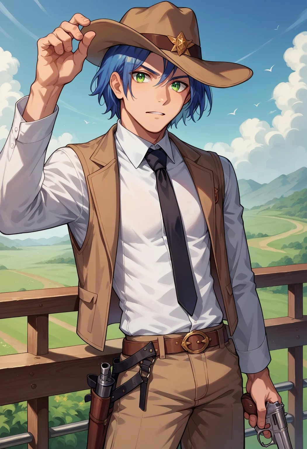 score_9, score_8_up,score_7_up, score_9, score_8_up,score_7_up, source_anime, 1boy, solo, <lora:EPpkJamesPony-07:0.8> EPpkJames, medium hair, blue hair, green eyes, against railing, black hat, black necktie, black pants, blue sky, boots, brown pants, cowboy hat, grey vest, gun, handgun, hat, holster, looking at viewer, male focus, necktie, outdoors, pants, railing, revolver, shirt, sky, solo, vest, weapon, white shirt, holding hat, cowboy hat, cowboy western,