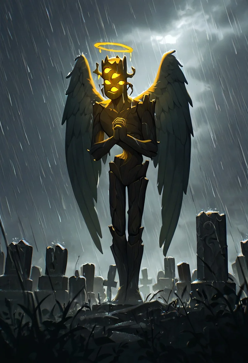 masterpiece, best quality, amazing quality, very aesthetic, absurdres, newest, cinematic, movie scene, foreground blur,
creaking, no humans, standing, monster, glowing eyes, yellow eyes, solo, 3 eyes, yellow sclera, wooden body,
graveyard, raining, heavy rain, grey sky, tombs,, statue, tall, angel wings, praying hands, angel halo,