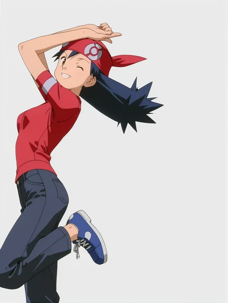score_9, score_8_up, score_7_up, 1girl, solo, source_anime, anime_screencap, pkmLisa, red bandana, red shirt, brown eyes, <lora:pkmLisa:1>  stretching, arm above head, holding own arm, looking at viewer, smiling, breast, winks, female focus, from side, one eye closed, shoes, (((white background, simple background:1.2))),