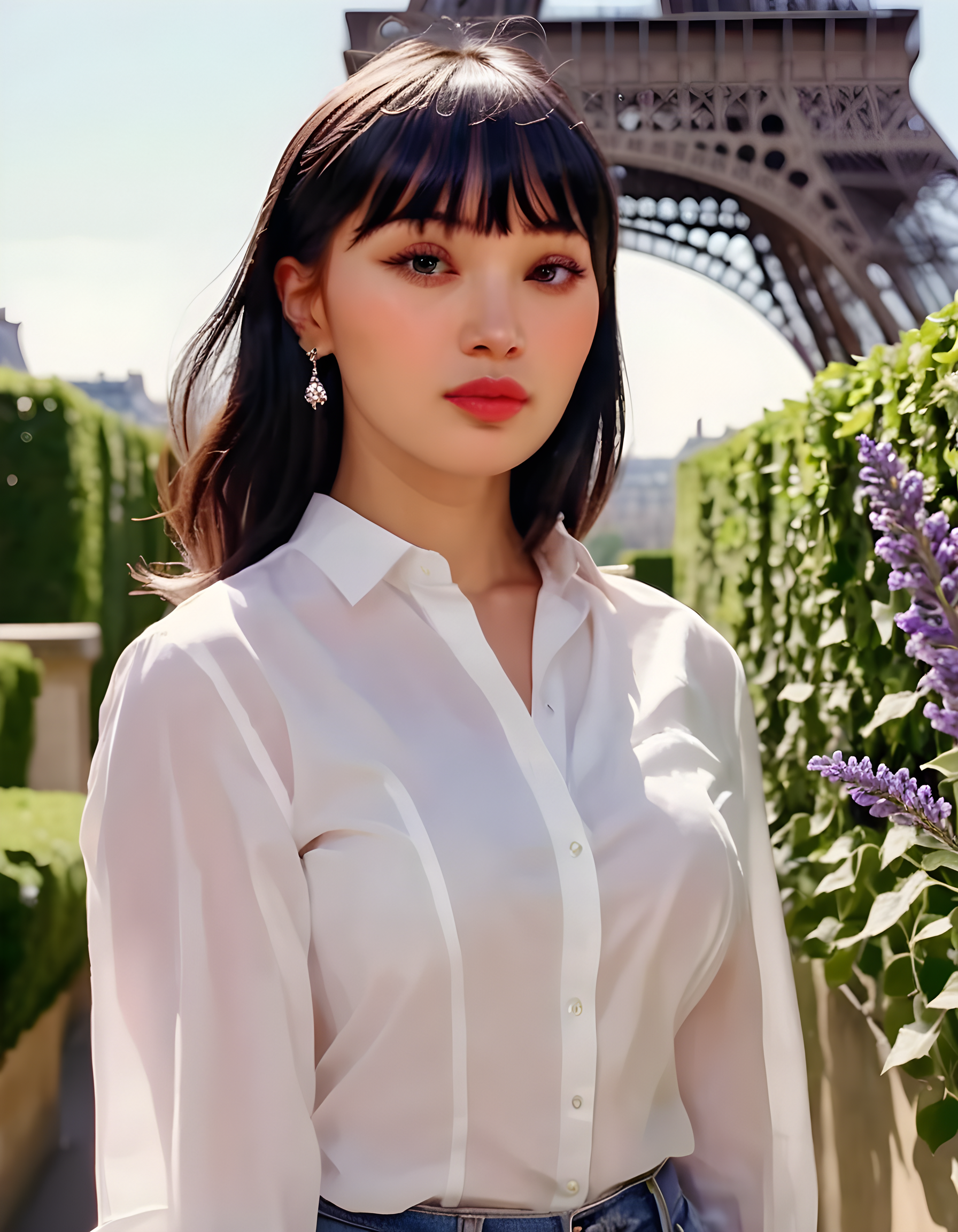 In a vibrant, sunlit Parisian courtyard adorned with blooming lavender and ivy-covered walls, K1MCWYT, a striking woman with black hair swept into blunt bangs, stands alone against a backdrop of the Eiffel Tower. Her piercing black eyes reflect the sunlight as she gazes introspectively at the iconic landmark. Clad in a pristine white shirt and adorned with elegant silver earrings, she strikes a thoughtful pose, her lips slightly parted, creating an air of quiet intensity that captures the attention of all who pass by. The soft afternoon light filters through the courtyard, casting dappled shadows and illuminating K1MCWYT in a way that suggests a captivating story just waiting to be told.