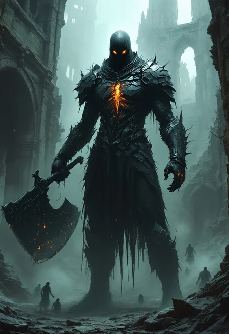 A graffitipunk digital shot of a towering figure with armor made of fragmented shadows, bits of their form flickering like dying embers. Their hollow eyes stare into the distance, and they wield a massive, cleaver-like blade that seems almost too heavy to lift. Faint, eerie light shines through fractures in their armor, exposing ghostly ribs beneath. Around them, smaller phantoms drift as though bound to the warrior’s very soul. The background is a crumbling gothic ruin shrouded in mist, where shadows dance in the broken arches.