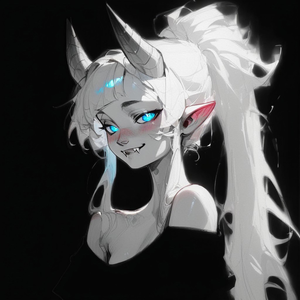 (Blend_in, black background), score_9, score_8_up, score_7_up, masterpiece, best quality, absurdres, vibrant, highly detailed, sketch, monochrome, greyscale, spot color, portrait, Lynn Pink, blue eyes, blush, ponytail, tail, horns, pointy ears, fangs, (((adult))), small breasts, simple black shirt, off shoulder, no bra, looking at viewer, seductive smile