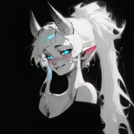 (Blend_in, black background), score_9, score_8_up, score_7_up, masterpiece, best quality, absurdres, vibrant, highly detailed, sketch, monochrome, greyscale, spot color, portrait, Lynn Pink, blue eyes, blush, ponytail, tail, horns, pointy ears, fangs, (((adult))), small breasts, simple black shirt, off shoulder, no bra, looking at viewer, seductive smile