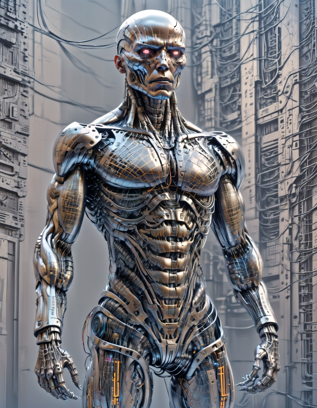 full body, horror cyborg creature as (c1bo:1.1),geometric patterns,anatomical,cable electric wires,microchip, muscular, cyberpunk city,detailed eyes, highly intricate, hyperrealistic,