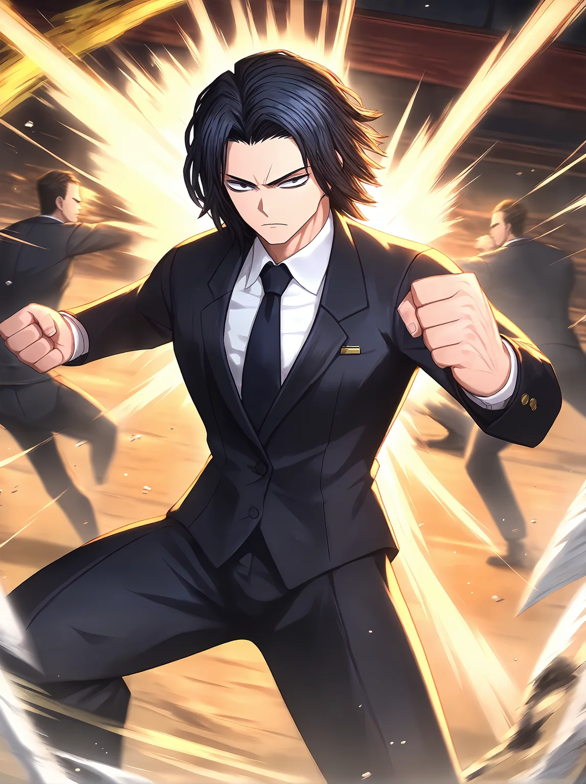 score_9,
<lora:limbus_company_v1_pruned:1>,
1boy, black suit, black hair, medium hair, white shirt, black necktie, fighting stance, fist fight,
looking at viewer, black eyes,
high resolution, Masterpiece, detailed