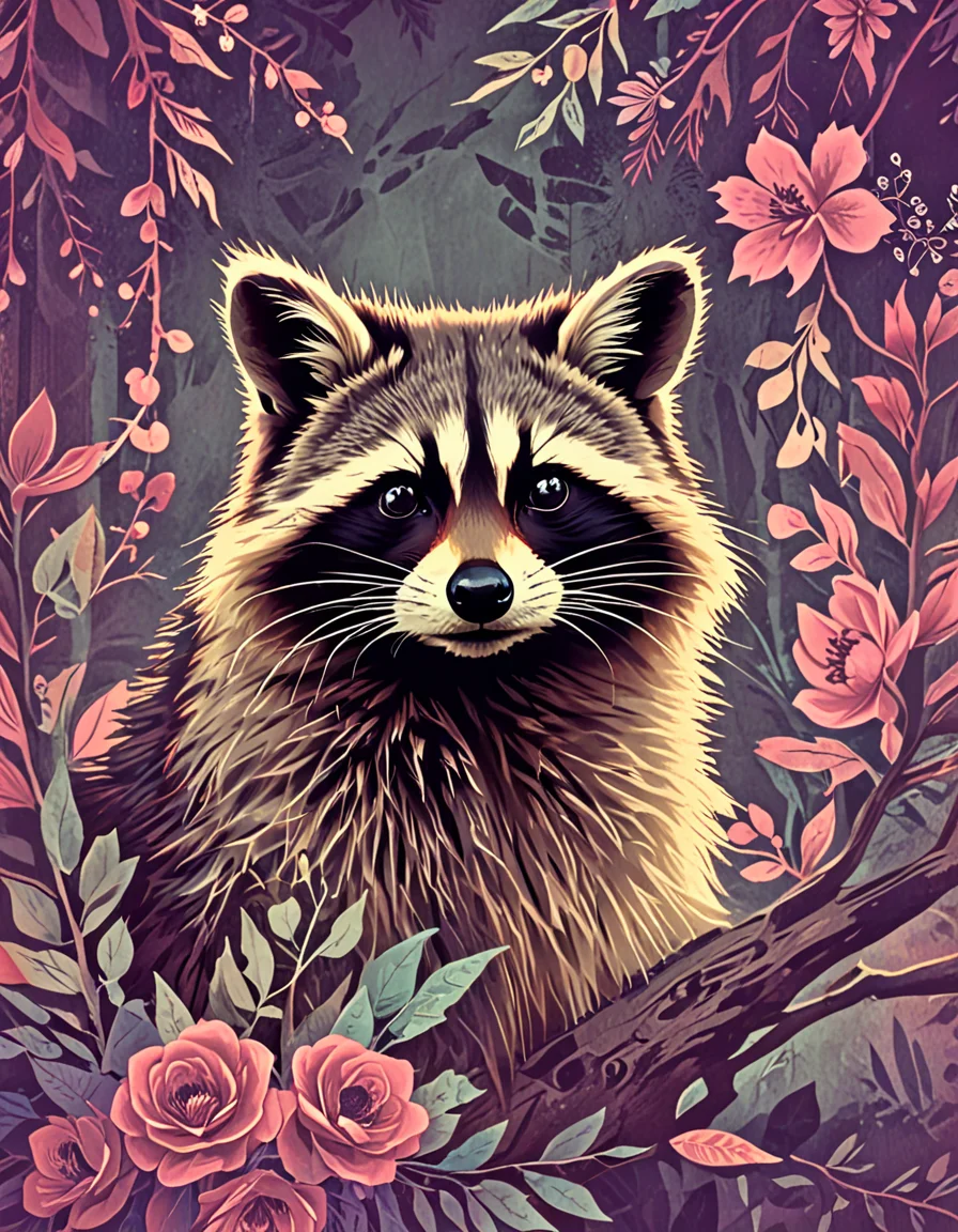 novuschroma15 style cat raccoon on a branch with flowers  <lora:novuschroma15 style_colorfx:1>  <lora:sdxl_lightning_8step_lora:1>