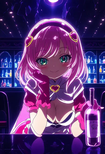 Expressiveh, score_9, score_8_up, score_7_up, score_6_up, score_5_up, score_4_up, godrays, 1girl, pose, smile, looking at viewer, hotel bar, neon, color lights, dim, night, (bent over table), face focus, sexy, ((holding a bottle of wine)), drunk, (glittering pastel clothing, glossy sparkling fabric) makeup, long eyelashes, glossy lipstick, blush, eyeshadow, hand on the cheek
(((rosia_(show_by_rock!!),))),