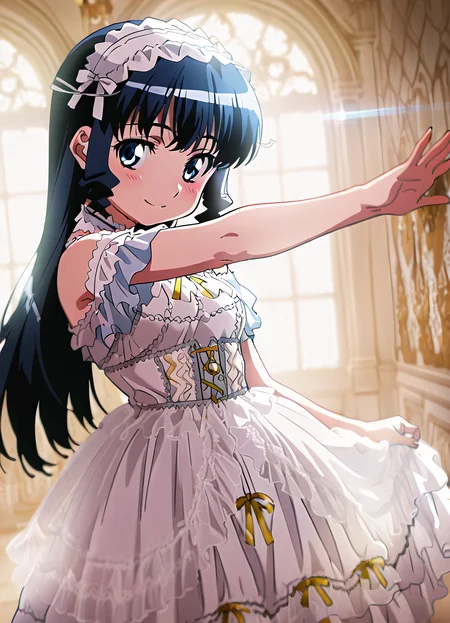 masterpiece, best quality, amazing quality, 1girl, solo, gravion_cecile, long hair, blue hair, blue eyes, hat, anime , headdress, blush, smile, looking at viewer, screencap, anime color,  , white dress,white off-shoulder,lace,frills,  , detailed hand, background ballroom, grand ballroom, indoor, good lighting, , ,  , ContreIllus, embedding:ContreIllus