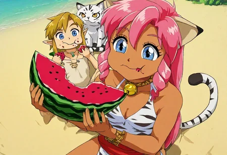 Pink_DragonPink, 1girl, sleeveless dress, white tiger print dress, pelvic curtain, cleavage, cat bell necklace, white tiger tail, red sash, small breasts, leather shoes, masterpiece, very aesthetic, <lora:pink-illustrious:1>,
Break
1boy,Anime screencap,link (zelda),blonde hair,blue eyes,pointy ears, low ponytail, sidelocks, wearing blue hyilian tunic,
Break
Sunny day at a beach, sitting on beach, eating, comedic expression, happy expression, closed mouth, chewing, munching, holding, holding food, eating, food in hands, Pink and Link eating watermelon