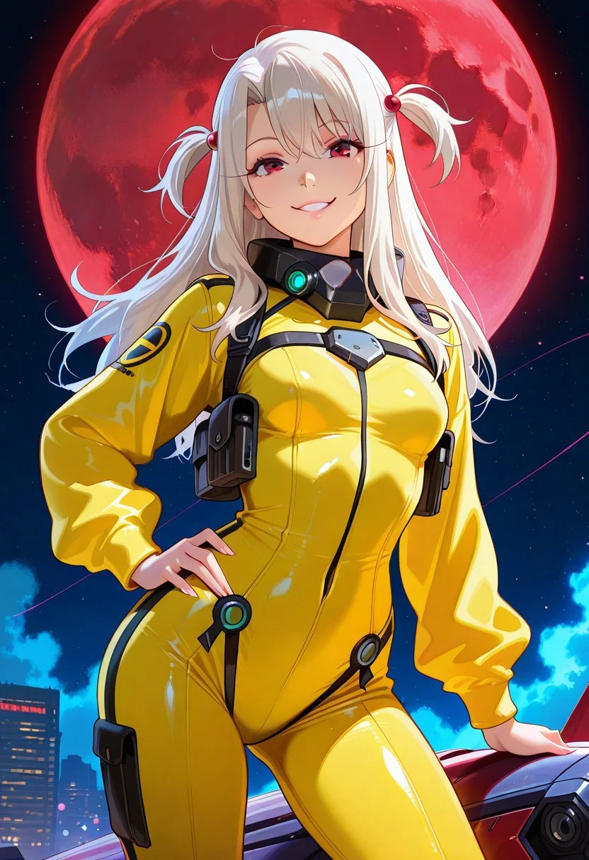 snegovski_style, CHAjott64_Style, hunn1bunn1 art style, (((illyasviel_von_einzbern)),1girl, full body, 1girl, solo female, mature female, full body, contrapposto,) (silver hair, red eyes, long hair, beautiful detailed red eyes, weird hair, evil smile, eyelashes, medium_breasts, (realistic:1), best quality, beautifully detailed face, can't be this cute, girl on top, delicate facial features, clean face, looking_at_viewer, ray tracing, DOF,HDR, hand_on_hip, two_side_up, standing, cowboy_shot,) (yellow suit, yellow pilot suit, yellow jumpsuit, yellow bodysuit, jacket, tactical gear, fully clothed, ) (outdoors, (night:1.1), glowing red moon background, planet in background, science fiction background, background, outdoor, space opera background, glowing, red moon, space ship background, space colony background, ilya kuvshinov, official art, futuristic background, colony drop background, space war background, mecha in background, fantasy background,) long hair, white hair, red eyes,patternbodysuit, bodysuit,Space Battle (blurry background, depth of field, bokeh:0.9)