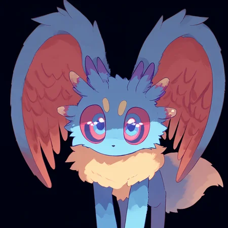 <lora:ToonyTeeth:1> (furry:1), no humans, black background, (fluffy:1),  <lora:Elfilis:0.7> Fecto Elfilis, blue fur, multicolored eyes, head wings, colored sclera, fluffy tail