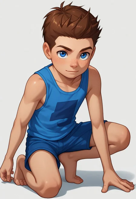 score_9, score_8_up, score_7_up, highly detailed, cute boy, 1boy, solo, young, Jack Power, Blue Eyes, Brown Hair, Freckles, Mass Master, tank top, shorts, barefoot