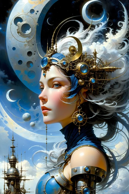 fantastic futuristic steam punk made of shiny brass towers, floating_swirls_made_of_steam, blue sky, silver moons, dramatic color palette, <lora:add-detail-xl:2> misc <lora:DonMW15pXL:0.5> DonMW15pXL, the head of a woman by aaron horkey <lora:John Berkey Style:0.6> John Berkey Style page <lora:d\EnvyFantasticXL01:1>, (masterpiece:1.2), best quality, (hyperdetailed, highest detailed:1.2), high resolution textures, <lora:EnvyBetterHiresFixXL01:1>