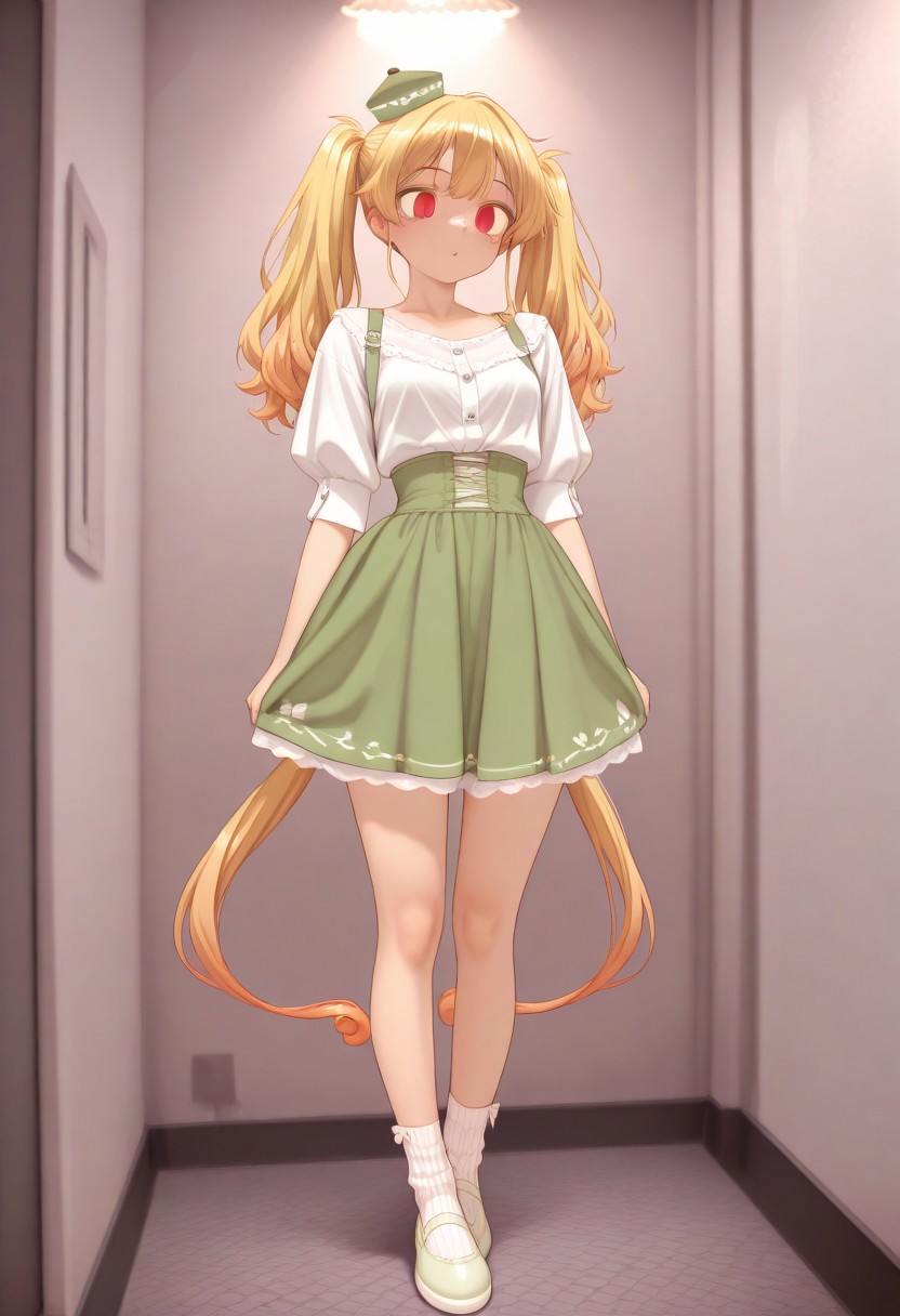 soft light, perfect anatomy ,  sharp focus, ((Depth of field)) deep depth, (Ultra detailed), best quality, intricate lighting, (absurd resolution), high resolution, intricate details, volumetric lighting, green hat, yellow hair, flowing detailed hair, innocent eyes, white panty hose, green skirt, green shoulder straps , white thick inner shirt, green striped socks, green shoes, small hat, twin tail hair,  natural cloths, wild like girl, Fun Spirit, Fine Details, ,Fun Spirit, Fine Details,, s4ish0,, curious excitement