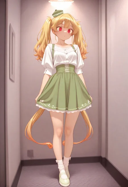 soft light, perfect anatomy , sharp focus, ((Depth of field)) deep depth, (Ultra detailed), best quality, intricate lighting, (absurd resolution), high resolution, intricate details, volumetric lighting, green hat, yellow hair, flowing detailed hair, innocent eyes, white panty hose, green skirt, green shoulder straps , white thick inner shirt, green striped socks, green shoes, small hat, twin tail hair, natural cloths, wild like girl, Fun Spirit, Fine Details, ,Fun Spirit, Fine Details,, s4ish0,, curious excitement