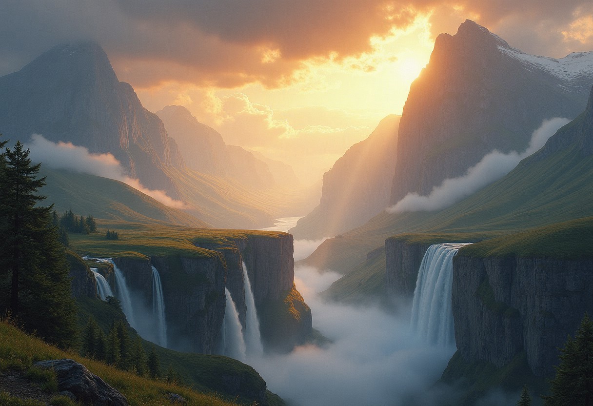 A breathtaking mountain landscape, where rolling hills and jagged peaks emerge through an endless sea of golden mist. Ethereal sunbeams pierce through dramatic storm clouds, casting a heavenly glow over the terrain. Waterfalls plunge into unseen depths, their misty trails catching iridescent colors. The composition blends Dinev’s surreal, atmospheric landscapes, Bierstadt’s grand romantic lighting, and Gurney’s rich, painterly realism, creating a scene that feels both mystical and hyper-real.