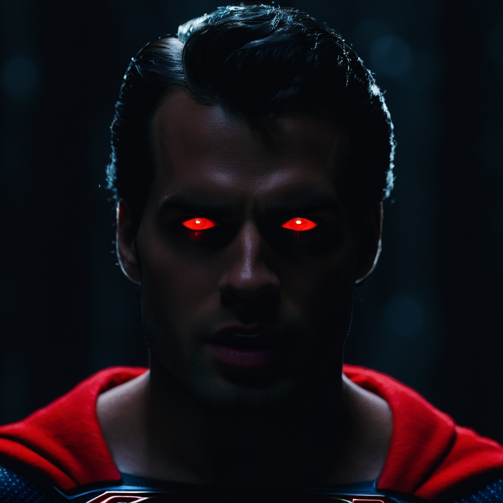 cinematic film still of  <lora:Superman v2:1>
Kal-El, Kryptonian, Man of Steel, Superman a man with red eyes and a red cape,solo,open mouth,black hair,red eyes,1boy,male focus,dark skin,blurry,glowing,dark-skinned male,glowing eyes,photo background, shallow depth of field, vignette, highly detailed, high budget, bokeh, cinemascope, moody, epic, gorgeous, film grain, grainy