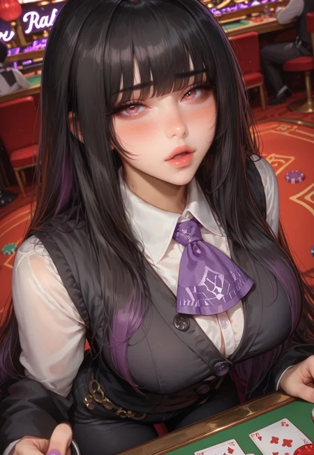 safe_pos, score_9, score_8_up, score_7_up, source_anime, NSFW, cute face, (((1girl, solo, face focus))), (best quality, high quality), (((black hair, long hair, long sidelocks, (long bangs:1.3), multicolored hair, (purple colored tips:1.3),))), sultry expression, (mature face, milf, 40 years old), (pale skin tone), (petite body, large breasts, thick thighs), (pink eyes), sexy lips, perfect lips, defined nose, looking at viewer, open mouth, blushing, seductive look, (((bedroom eyes, full-faced blush, heavy blush, embarrassed, standing, holding, holding tray, arched back))), (((black pants, ascot, black vest, longsleeve, buttons))), indoors, casino, poker table, poker chips, alcohol, aesthetic composition, (detailed background, tasteful layout), dutch angle view, full body, depth of field,