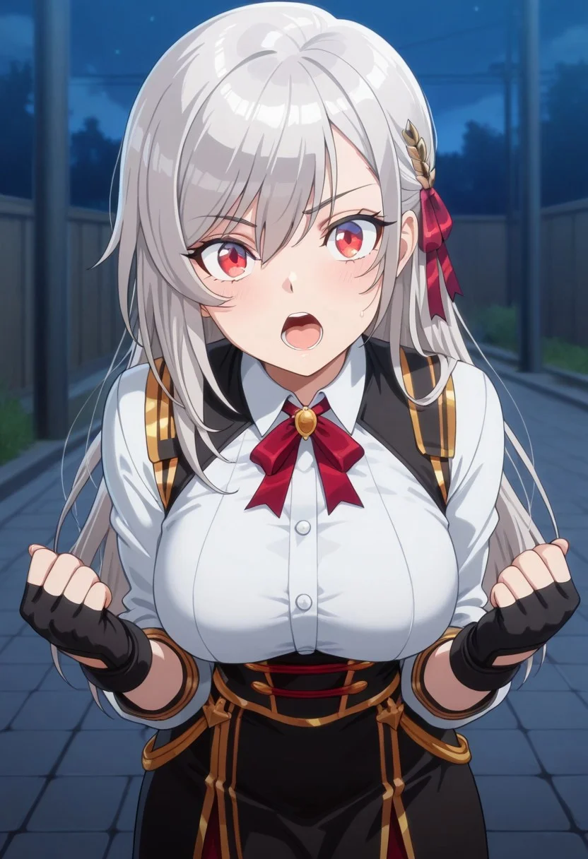masterpiece,best quality,amazing quality, inglis eucus, grey hair, red eyes, 1girl, solo, ribbon, hair ribbon, long hair, open mouth, gloves, fingerless gloves, looking at viewer, night, black gloves