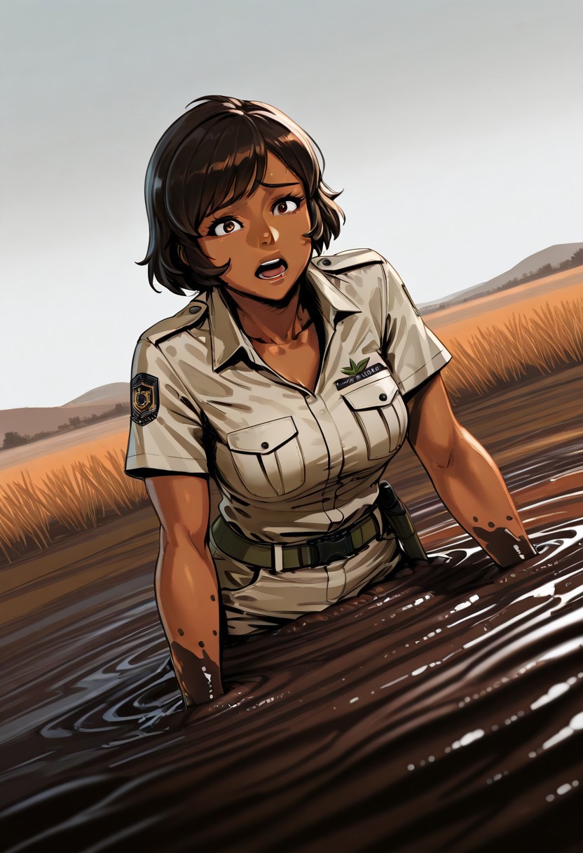 score_9, score_8_up, score_7_up, 1girl, solo, attractive woman, cinematic, Botswanian woman, dark skin, safari guide, safari outfit, chest-deep in brown quicksand, struggling, dynamic pose, savannah background, dynamic angle, scared face