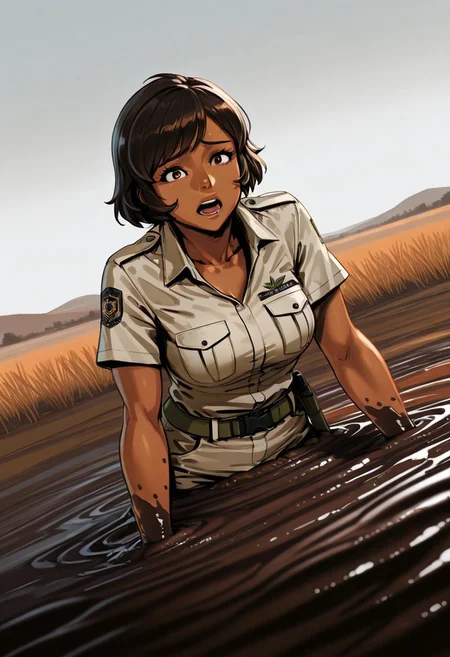 score_9, score_8_up, score_7_up, 1girl, solo, attractive woman, cinematic, Botswanian woman, dark skin, safari guide, safari outfit, chest-deep in brown quicksand, struggling, dynamic pose, savannah background, dynamic angle, scared face