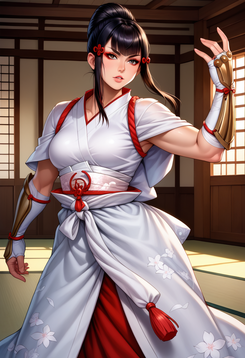 score_9, score_8_up, score_7_up,  source_anime,  BREAK solo, 1 girl,   <lora:TekkenKazumi:1>,   TKNKZMI, black hair, blunt bangs, eye shadow, sidelocks, hair ornament, hair bun, white kimono, arm guards,  parted lips, cowboy shot,  fighting stance, dojo, wooden wall,