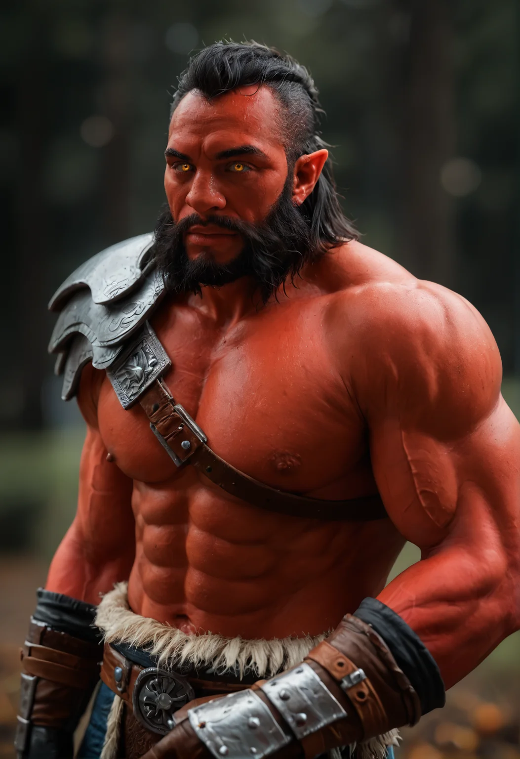 <lora:axe_v4:0.8> axe_v4
1boy,
colored skin, red skin,
black hair,
facial hair, beard,
muscular, muscular male,pectorals,
yellow eyes,
pointy ears,
bare top, shoulder armor, boots, gloves,, score_9, score_8_up, score_7_up, score_6_up, derpibooru_p_95,
detailed eyes, beautiful, detailed background, perfect eyes,
blur censor, blurry, blurry background, blurry foreground, bokeh, motion blur,
chromatic aberration, depth of field, figure, focused, focus
photography, realistic sun light and shadows, photorealism, UHD --ar 9:16 --style raw --stylize 700,
solo,
Stunning vista, autumn, Majestic canyons, Rolling hills, upper body shot,