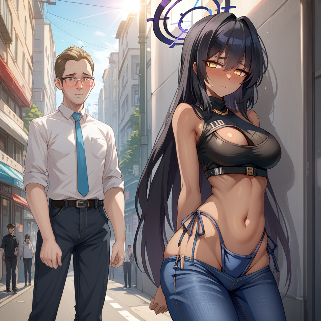 score_9, score_8_up, score_7_up, source_anime, expressive, anime, Artist speedlines, dynamic, 1woman, (Karin_(Blue Archive)), (dark-skinned_female:1.2), yellow eyes, meme_attire, (bikini_jeans:1.0), pants, panties, side-tie panties, highleg_bikini, clothing cutout, denim, lowleg_pants, denim_bikini,blush, blushing, embarrassed,  b3hindcurt4in, outdoors, urban, sunlight, light filtering,