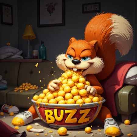 Conker, the mischievous red squirrel, sitting lazily on a messy couch, devouring a massive bowl of cheesy puffs. His fur is coated in bright yellow cheese dust, his fingers stained as he shovels another handful into his mouth. His eyes are half-lidded with satisfaction, and his bushy tail flops over the side of the couch. The bowl in front of him is oversized, cartoonishly labeled "BUZZ" in bold, colorful font. Crumbs and bits of cheese puffs are scattered all over the floor, and a few crushed snacks are stuck to his fur. The setting has a slightly grimy, lived-in feel, with dim lighting and a relaxed, lazy atmosphere. Detailed textures, exaggerated expressions, and a nostalgic, slightly crude humor aesthetic reminiscent of *Conker's Bad Fur Day*.
<lora:aidmaMJ6.1_v0.5_3:0.7> aidmamj6.1, <lora:TextimproverV0.4:1> aidmatextimprover <lora:aidmaImageUpraderv0.3:0.4> aidmaimageupgrader <lora:CONKER_FLUX:1>