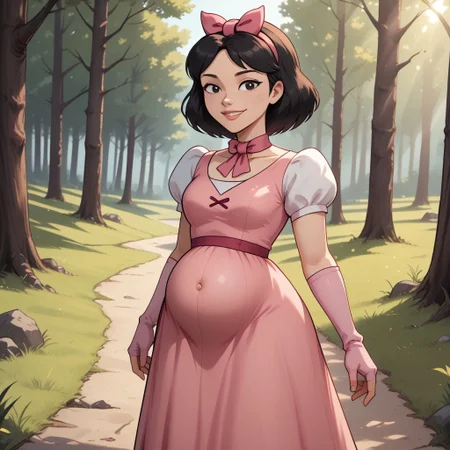 score_9, score_8, BREAK, solo, total drama, 1girl, black hair, pink hair bow, black eyes, lips, pink neck band, pink short dress, light pink gloves, pink footwear, Ella_(Total_Drama), tdpi, cute, pregnant, sexy pose, self portrait, smile, outdoors, sunlight, shadows, evening lighting, natural lighting, forest, trees, grass, orange sky, sunset