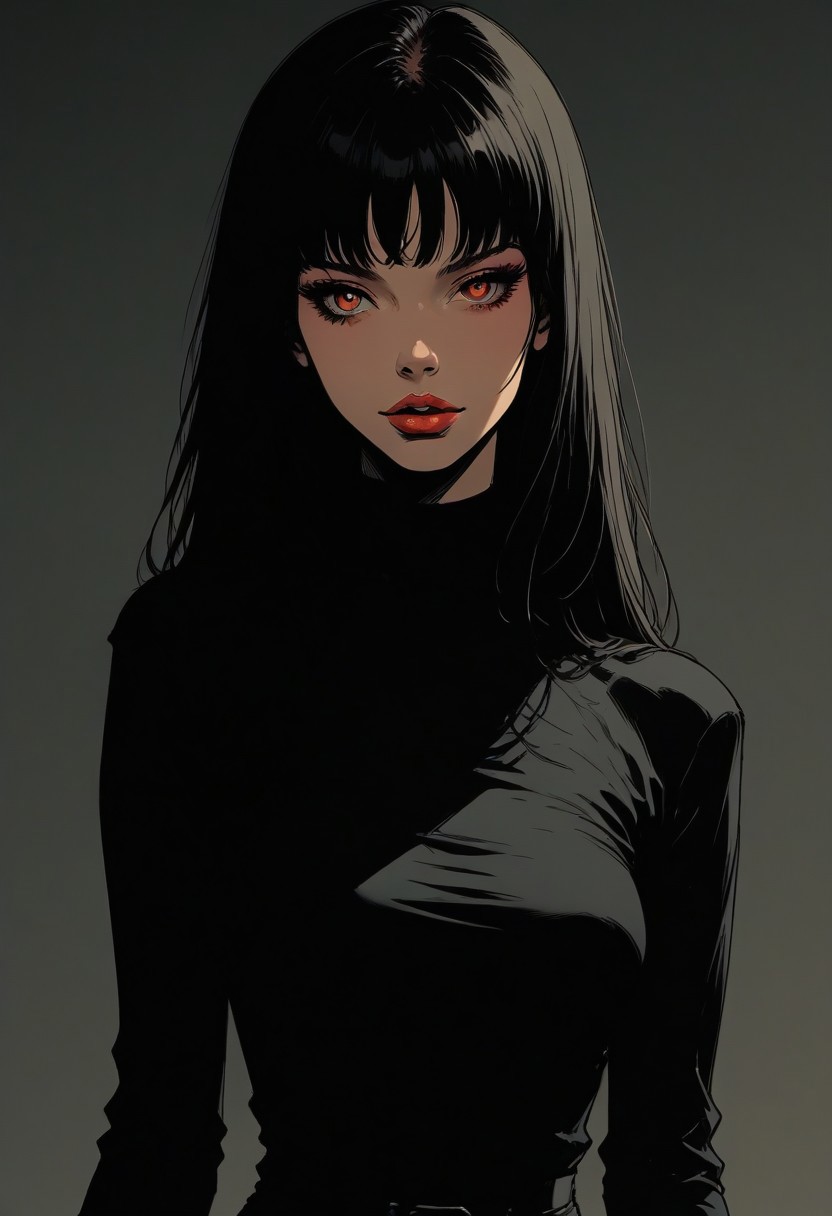 Create a full body portrait of a woman in the Japanese retro anime style of the 80s and 90s. The scene features a top model with wild hair, exuding confidence and allure. She stands in a dynamic pose that highlights her form and curves, set against a soft pink and yellow palette. The lighting reflections and shadows add depth and intensity to the scene. Her gaze is evocative and intense, aware of her own beauty and playing it up for the photoshoot. She is dressed in stylish, minimalist clothing that accentuates her form, with bold lipstick and eyeliner highlighting her sharp facial features. The background is minimalist, ensuring all attention is on her captivating presence. Emphasize her confident pose, wild hair, and the dramatic interplay of light and shadow, creating a nostalgic yet striking visual in the retro anime style.
.. easynegative, sinozick style, flat color, dark theme, g4n1m3