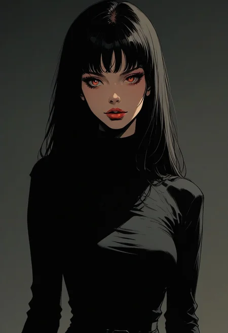 Create a full body portrait of a woman in the Japanese retro anime style of the 80s and 90s. The scene features a top model with wild hair, exuding confidence and allure. She stands in a dynamic pose that highlights her form and curves, set against a soft pink and yellow palette. The lighting reflections and shadows add depth and intensity to the scene. Her gaze is evocative and intense, aware of her own beauty and playing it up for the photoshoot. She is dressed in stylish, minimalist clothing that accentuates her form, with bold lipstick and eyeliner highlighting her sharp facial features. The background is minimalist, ensuring all attention is on her captivating presence. Emphasize her confident pose, wild hair, and the dramatic interplay of light and shadow, creating a nostalgic yet striking visual in the retro anime style.
.. easynegative, sinozick style, flat color, dark theme, g4n1m3