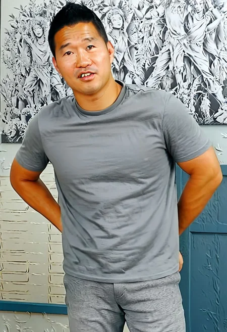 (((htkangface))), daddy, natural face expression, (((detailed HtKangface))), fixed htKangface Photorealistic, realistic, masterpiece, intricate details, detailed background, depth of field, photo of a handsome, dynamic pose, natural face expression, (((looking at viewer))), high detail, high quality, male focus, ((T shirt)), ((pants)), ((confident)), ((classroom background))