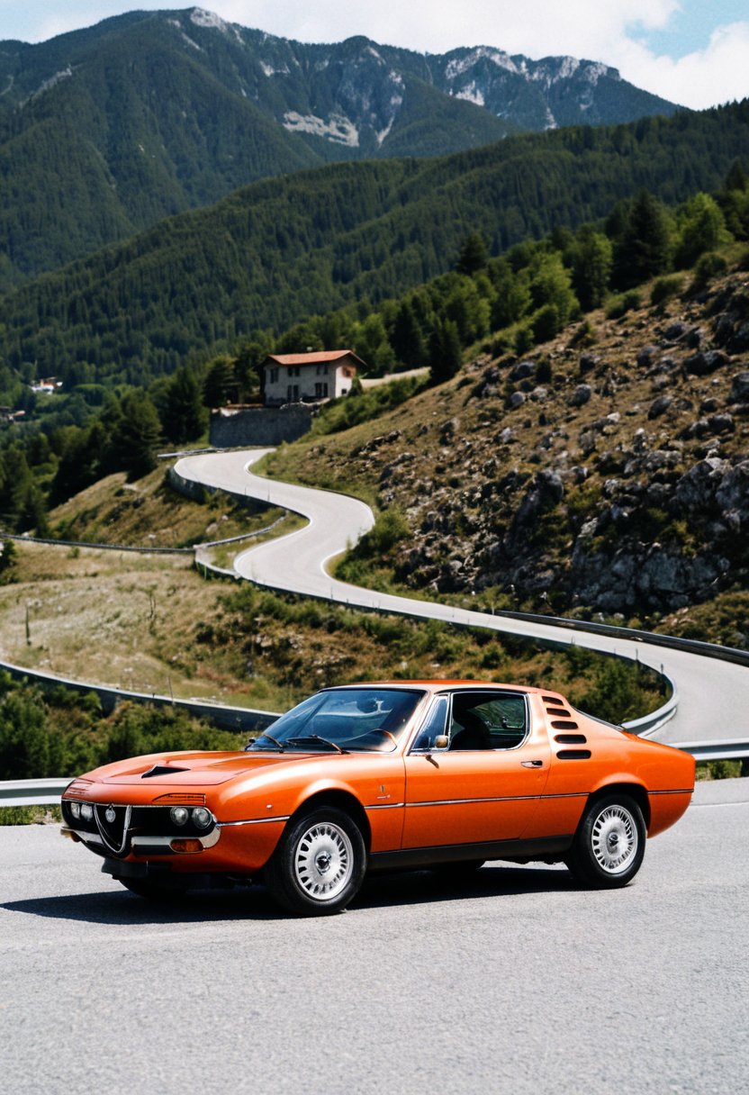 ClassicSportsCar, gleaming orange Alfa Romeo, side front view, road, mountains, scenic landscape, 4K, highly detailed, (((stylish grainy analog 35mm film photo)))