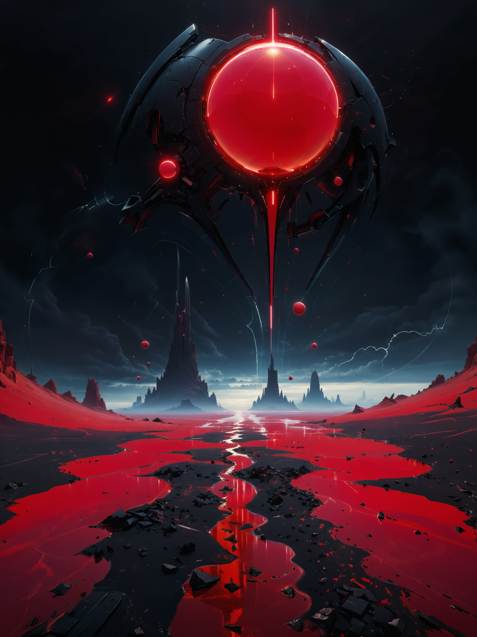 <lora:more_artful-xl:0.8> <lora:add-detail-xl:2.4> <lora:style-matte_black_contrast-xl-v3-by_tijuanaslumlord:1.0> <lora:style-glowing_neon-xl-by_cybernella:0.8> vntblk, (vertical symmetry:1.4), [blood moon, red moon, darkest night, dark forest path with trees standing in line, black and red:famous artwork by (stephan martiniere:1.4) and (roger dean:1.3), (artifact:1.4), dark exoplanet landscape with (obelisks standing in line:1.4), glowing ornate extraterrestrial artifact, sparks, mysterious, ominous, ethereal, deserted, dark corners, black, red, grey:16], ultra detailed