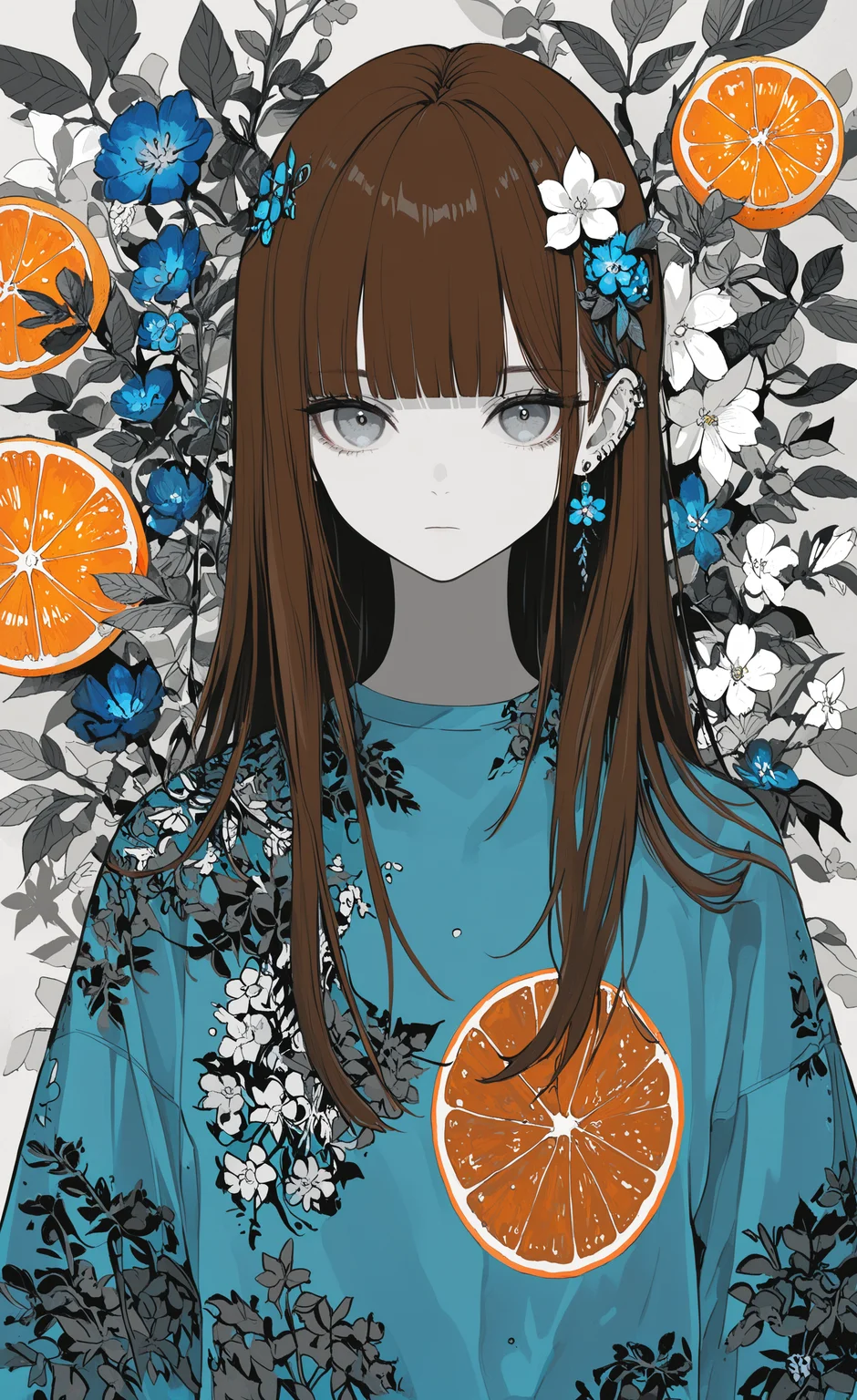 masterpiece, best quality, good quality, very awa, newest, highres, absurdres, 1girl, solo, long hair, looking at viewer, shirt, brown hair, hair ornament, closed mouth, jewelry, upper body, flower, earrings, food, blunt bangs, hair flower, grey eyes, fruit, expressionless, leaf, piercing, blue shirt, white flower, portrait, ear piercing, blue flower, print shirt, orange \(fruit\), orange slice, limited palette, <lora:illustriousXL_stabilizer_v1.23:0.3> <lora:NOOB_vp1_detailer_by_volnovik_v1:0.3> <lora:ponyv6_noobE11_2_adamW-000017:0.3> <lora:114558v4df2fsdf5:0.6> <lora:XXX667:0.4> <lora:mon_monmon2133:0.5>