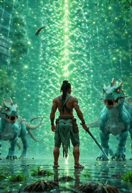 Closeup, fpv, First Person view, Holding katana, N64 Game Style, Jungle world, dinosaur, outside, Indian native warrior Standing in a row, Front View Closeup,(amazing luminous particles floating in the air:1.5)
