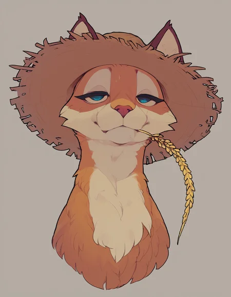 source_furry, yellow furred cat in a farmer's outfit, straw hat, straw in mouth, relaxed eyes, wheat fields in background, <lora:snowskau:1>, score_9, score_8_up, score_7_up,
