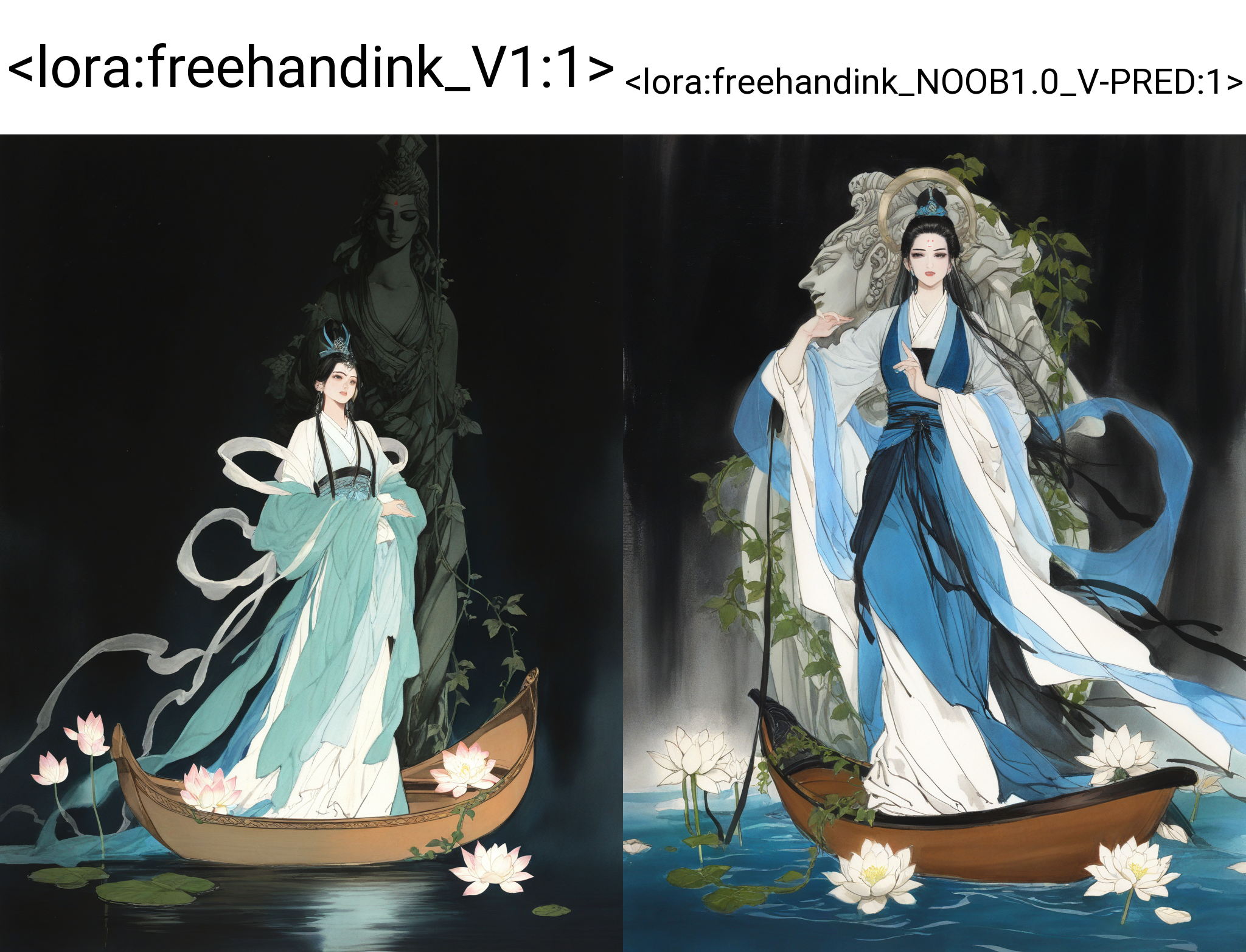 dark background, vines, white lotus, huge goddess statue lies behind,
1girl, solo, long hair, black hair, long sleeves, hanfu, shawl, hagoromo, jewelry, forehead mark,
standing on canoe,
traditional media,
masterpiece, absurdres,
<lora:freehandink_V1:1>