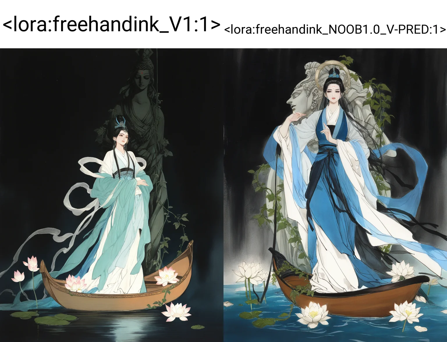 dark background, vines, white lotus, huge goddess statue lies behind,
1girl, solo, long hair, black hair, long sleeves, hanfu, shawl, hagoromo, jewelry, forehead mark,
standing on canoe,
traditional media,
masterpiece, absurdres,
<lora:freehandink_V1:1>