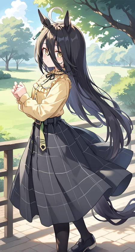 score_9,score_8_up,score_7_up,
official art,official style,game cg,megami magazine,
1girl,
mht casual,manhattan cafe (umamusume),
ahoge,animal ears,belt,belt buckle,black hair,black skirt,
buckle,earrings,frilled shirt collar,frills,hair between eyes,
highres,horse ears,jewelry,long hair,multicolored hair,neck ribbon,
ribbon,shirt,shirt tucked in,single earring,skirt,yellow eyes,yellow shirt,
blush,long sleeves,horse girl,black footwear,black pantyhose,
horse tail,pantyhose,tail,black belt,casual,long skirt,
very long hair,plaid,plaid skirt,puffy sleeves,eyebrows visible through hair,eyes visible through hair,
frilled shirt,puffy long sleeves,
standing,
<lora:umamusume_manhattan_cafe_pony_v1:1>,