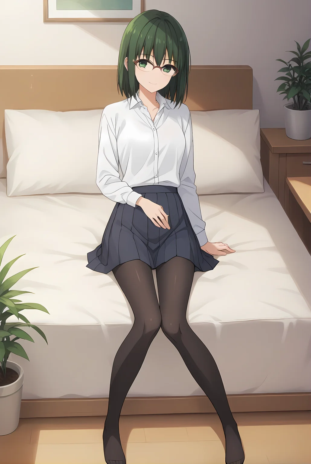 (school uniform skirt white shirt black pantyhose uwabaki), hm-sakura, green hair, green eyes, [glasses, medium hair], medium breasts, 1girl, solo, skinny, score_9, score_8_up, score_8, score_7_up, score_7, score_6_up, score_6, score_5_up, score_5, source_anime, light smile, living room, (1.3::full body|sitting|standing|lying|straight-on|0.6::close-up| :1.20), feet, <lora:hm-sakura-V01-000003:0.70>