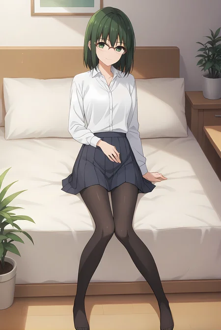 (school uniform skirt white shirt black pantyhose uwabaki), hm-sakura, green hair, green eyes, [glasses, medium hair], medium breasts, 1girl, solo, skinny, score_9, score_8_up, score_8, score_7_up, score_7, score_6_up, score_6, score_5_up, score_5, source_anime, light smile, living room, (1.3::full body|sitting|standing|lying|straight-on|0.6::close-up| :1.20), feet, <lora:hm-sakura-V01-000003:0.70>