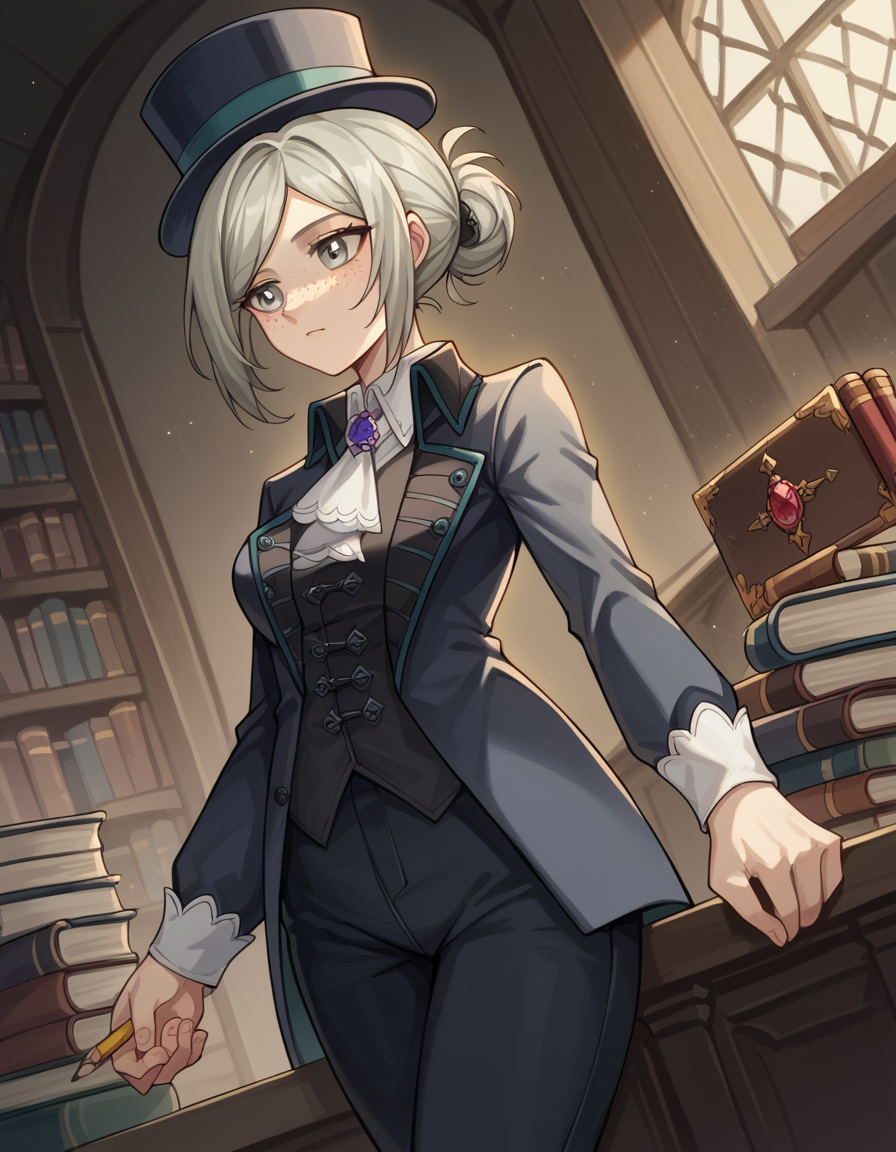 score_9, score_8_up, score_7_up, source_anime, <lora:reverse1999-vertin-ponyxl-lora-nochekaiser:1>,, vertin, freckles, grey eyes, grey hair, hair bun, short hair, medium breasts,, hat, suit, top hat, long sleeves, pants, black pants, ascot, gemstone,, bookstore, browsing shelves, new book smell, finding a favorite, quiet atmosphere, , , hand holding a pencil, solo,, cowboy shot, dutch angle