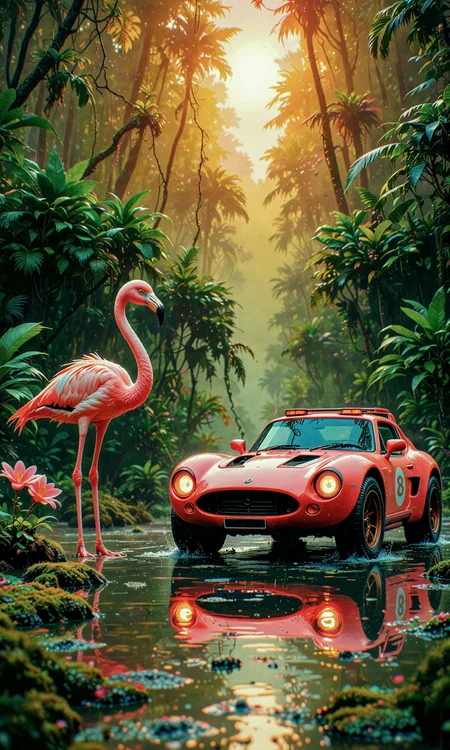 masterpiece, best quality, amazing quality, very aesthetic, absurdres, newest
surreal automotive photography, high-detail rendering
three/fourth view of vibrant pink off-road buggy vehicle, slightly turned, placed on a swamp water surface
vibrant pink flamingo stands beside, large pink flowers bloom around, water ripples, water splashes, rich green foliage, green moss
dense tropical rainforest, lush jungle vegetation, misty atmosphere, exotic plants, trees arching over the scene, soft natural light
soft and diffused, golden sunlight, god rays, reflections on the water, cinematic glow
wtfisthis, in the style of ck-rw, aidmafluxpro1.1 <lora:spo_sdxl_10ep_4k-data_lora_webui:0.8> <lora:reij-detaILer v2:0.4> <lora:ck-neon-retrowave-IL-000012:0.3> <lora:aidmaFLuxPro1.1-IL-v0.3:0.6>