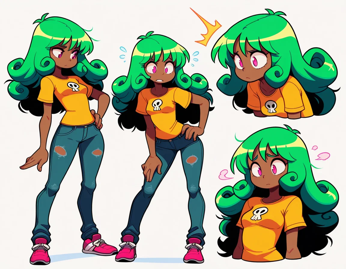 1_girl, pink eyes, long green curly hair , body jewelry , brown skin tone , nubile body , (small breasts) , concerned expression , grey torn_down_the_middle cropped t-shirt, skinny jeans , (MoreOutfits:1.5), (clothes variation), unique (multiple views:1), (3views), full body, looking at viewer, cool pose, (dynamic_pose:1.2), wide shot, (white background:1), (masterpiece:1.2), (best quality, highest quality), (ultra detailed), (8k, 4k, intricate), detailed eyes, BREAK, (vivid high contrast colors), (expressive energetic ), short cartoony simplistic angular art style mix of wakfu, (speedoru:0.6), (diives:0.7),
<lora:DarkfireToon2:0.3> <lora:last:0.5>